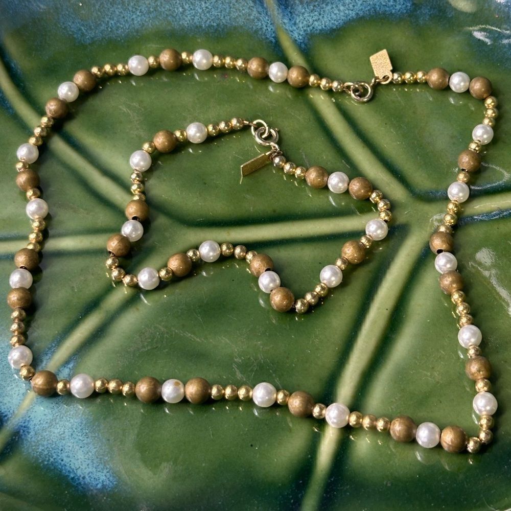 Vintage Bergere Gold tone & Pearl Dainty Necklace 14” & Bracelet 7”